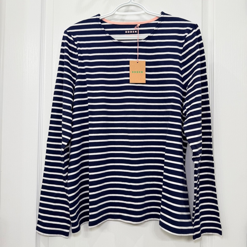 NWT Boden Relaxed Long Sleeve Breton Striped Top Navy Ivory Women's Size 12